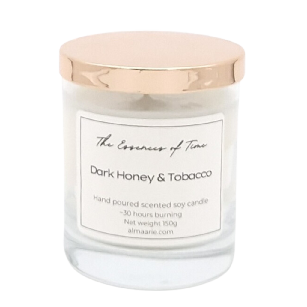 Dark Honey and Tobacco scented soya candles at almaarie.com