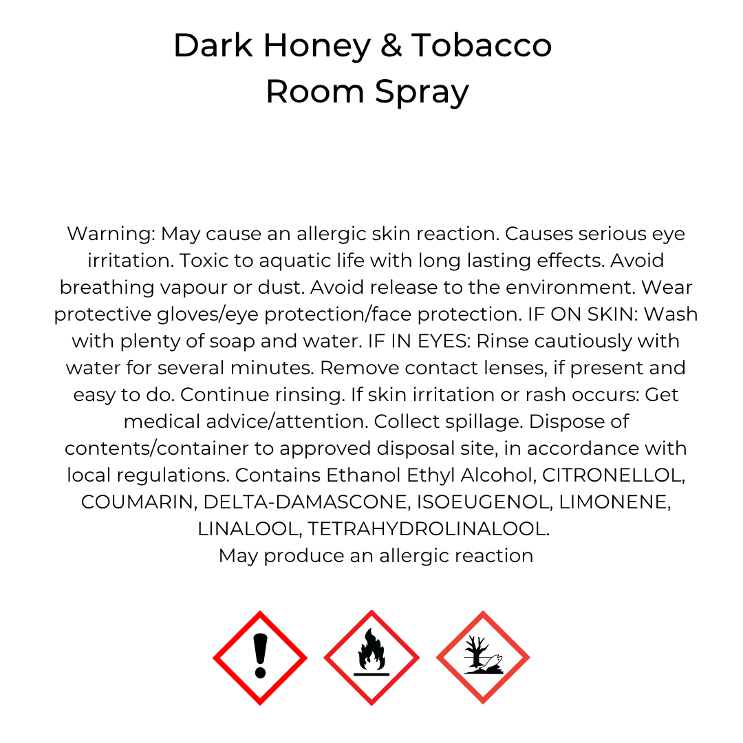 Dark Honey & Tobacco Room Spray CLP label with warning text and safety symbols on a white background.