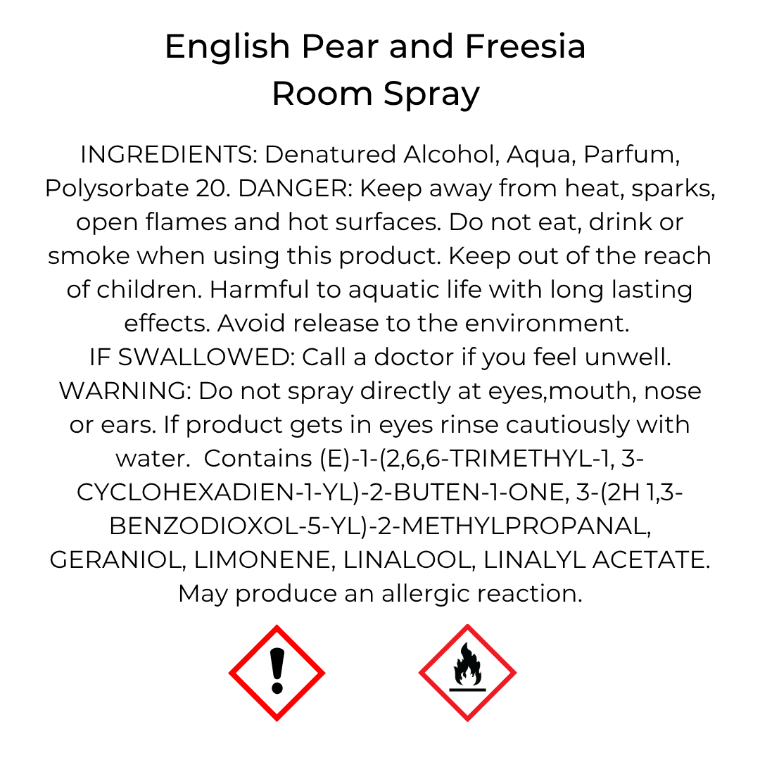 CLP information and hazard warning for English PEar and Freesia room spray in a clear bottle with black writing.