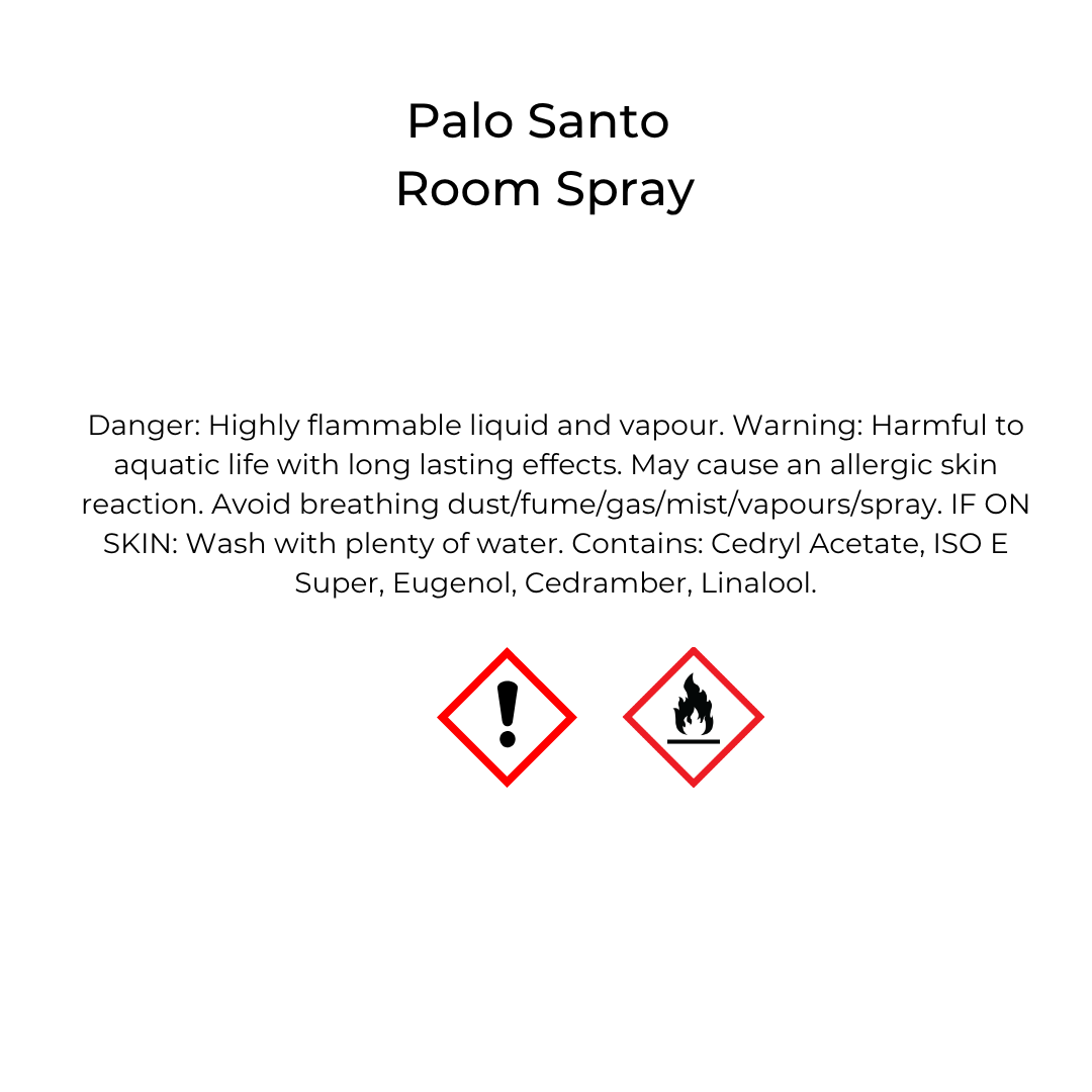Product label for 'Palo Santo Room Spray' with CLP, safety information and warnings.