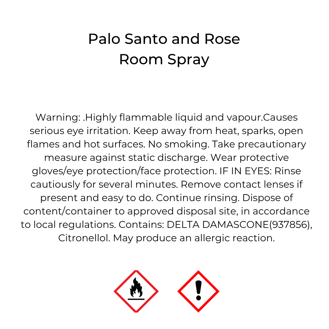 Palo Santo and Rose Room Spray warning label with symbols and CLP information on a white background