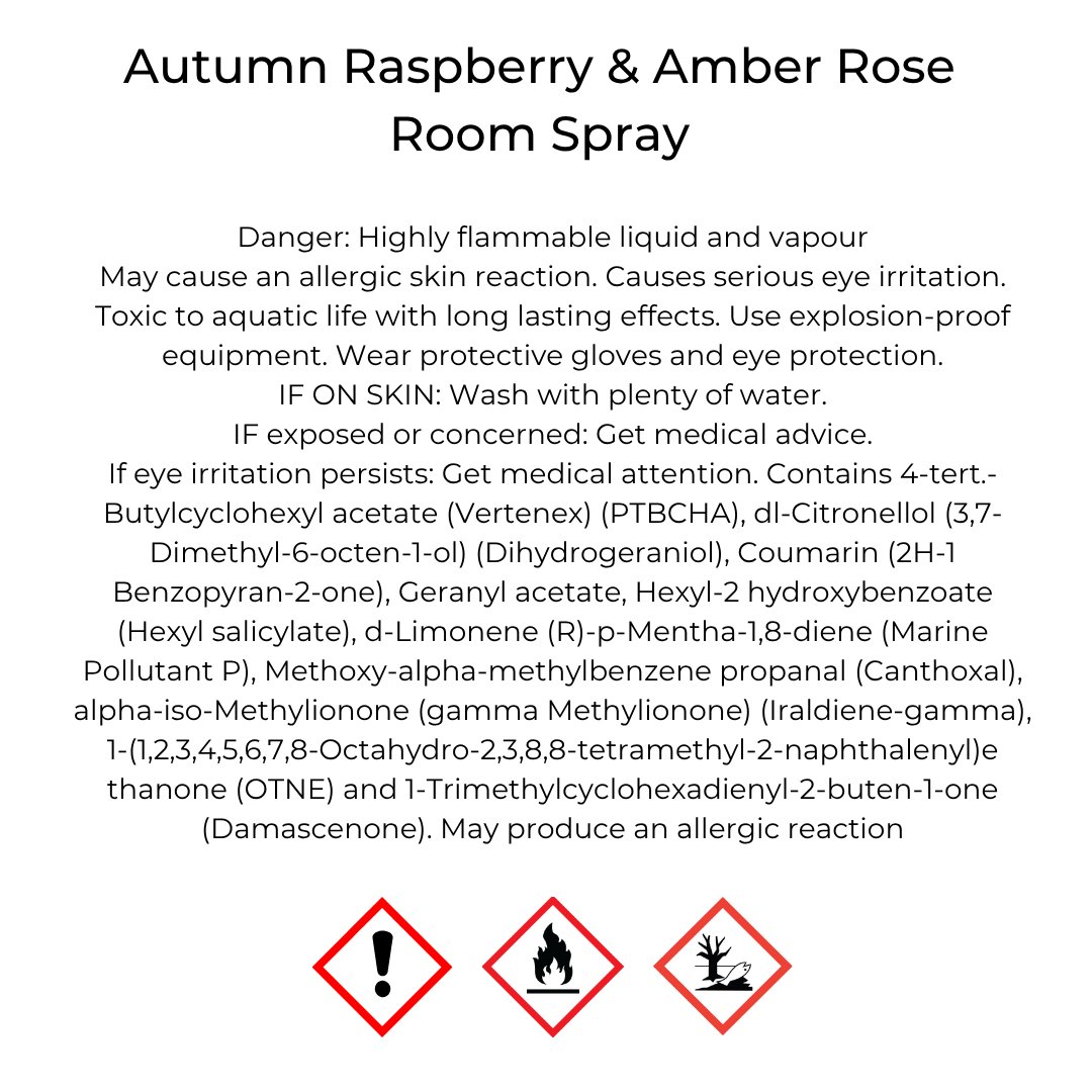 'Autumn Raspberry and Amber Rose' Room spray CLP label with safety information and warning symbols on a white background
