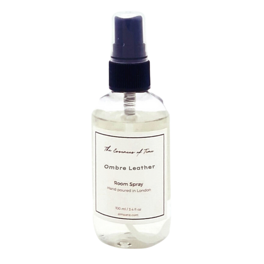 Ombre Leather scented room spray in clear PET bottle with black spray top.
