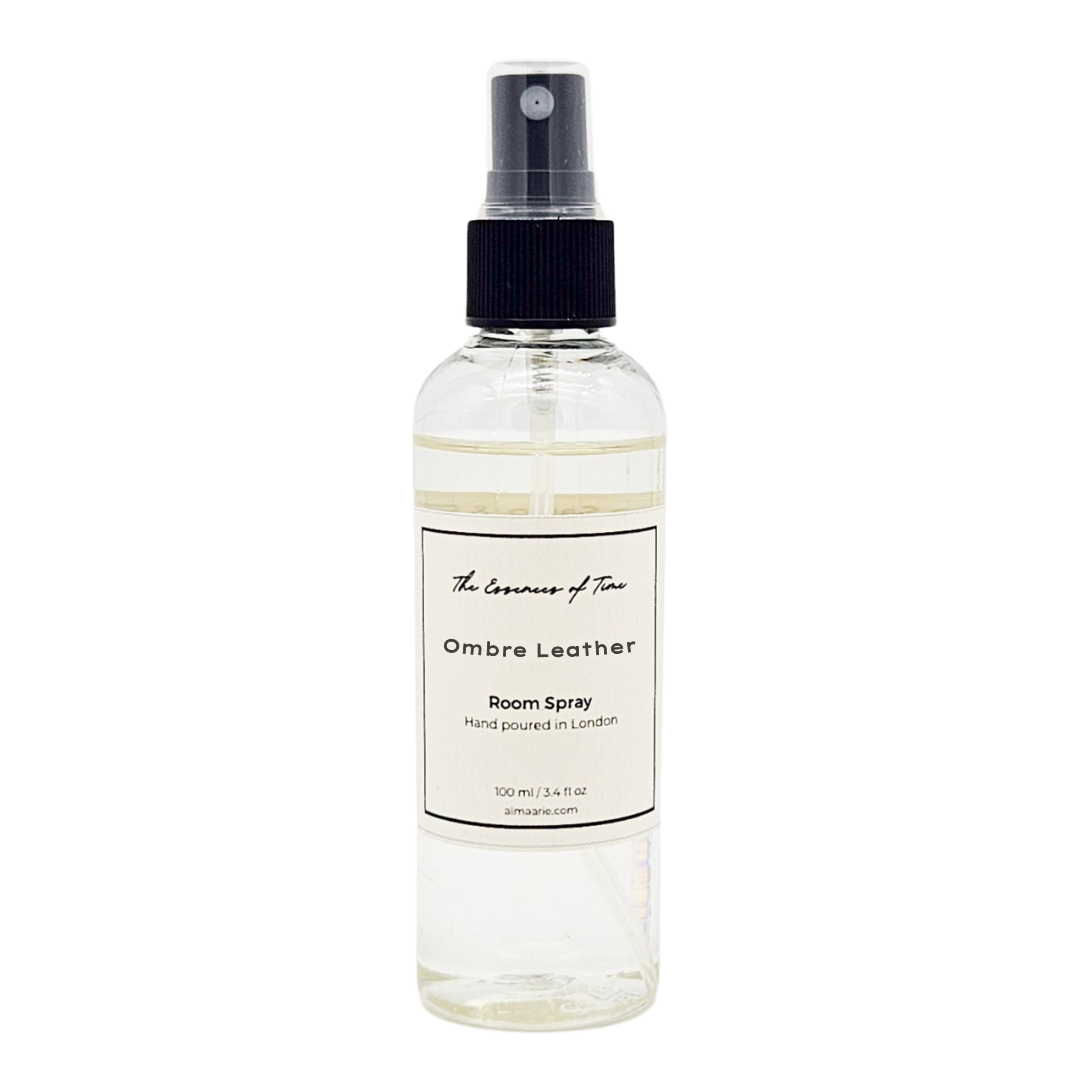 Ombre Leather scented room spray in clear PET bottle with black spray top.