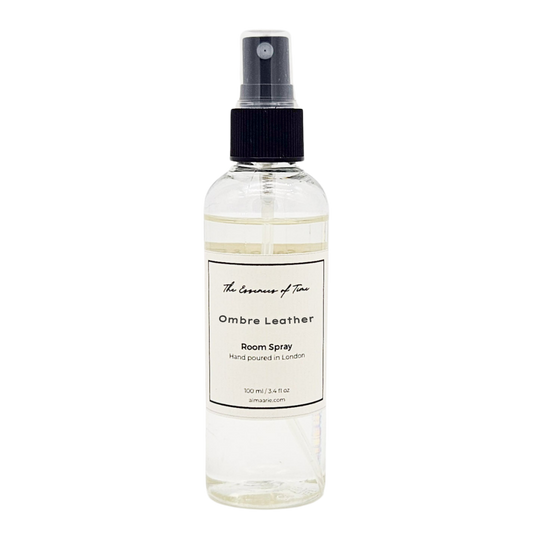 Ombre Leather scented room spray in clear PET bottle with black spray top.