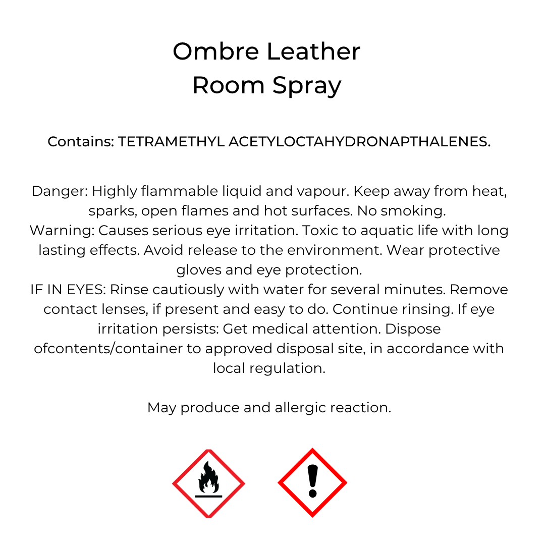 Product label for 'Ombre Leather Room Spray' with CLP safety information and warnings.
