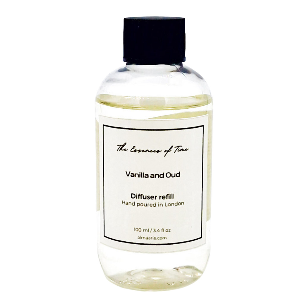 Vanilla and Oud scented diffuser refill available at almaarie.com.