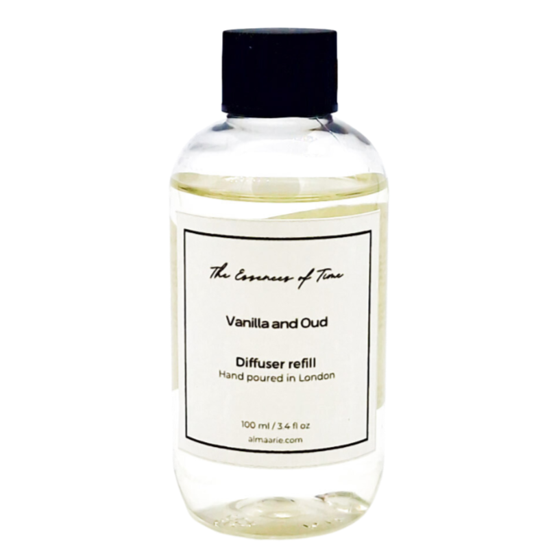 Vanilla and Oud scented diffuser refill available at almaarie.com.