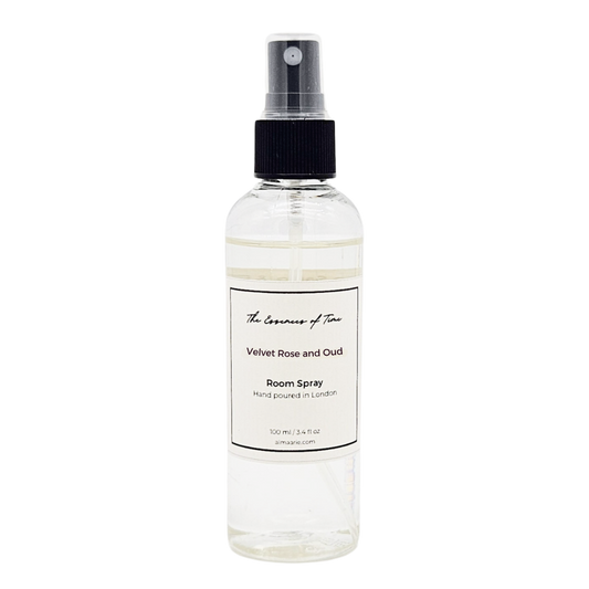 Velvet Rose and Oud scented fragranced room spray in a clear PET plastic bottle wit black writing.